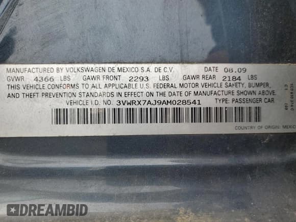 ✅ 2010 Volkswagen Jetta Limited Edition • VIN: 3VWRX7AJ9AM028541 • Lot: 57479605. Listed on Copart with 109,698 mi. Free auction sales archive from the USA and detailed vehicle history report at DreamBid. Image 12.