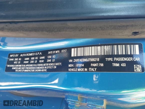 ✅ 2018 Alfa Romeo Giulia • VIN: ZARFAEBN0J7566218 • Лот: 43607102. Опубликован ранее на IAAI с пробегом 27 779 миль. Бесплатный доступ к архиву аукционных продаж из США и подробный отчёт об истории автомобиля на DreamBid. Изображение 9.