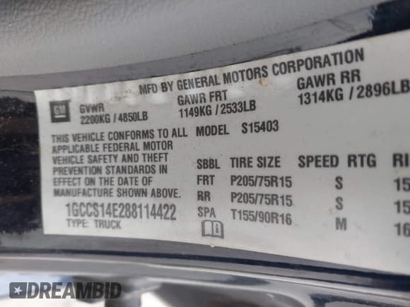✅ 2008 Chevrolet Colorado Work Truck • VIN: 1GCCS14E288114422 • Lot: 43779320. Listed on IAAI with 61,112 mi. Free auction sales archive from the USA and detailed vehicle history report at DreamBid. Image 9.