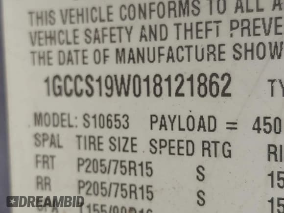 ✅ 2001 Chevrolet S-10 LS • VIN: 1GCCS19W018121862 • Лот: 41932847. Опубликован ранее на IAAI с пробегом 83 728 миль. Бесплатный доступ к архиву аукционных продаж из США и подробный отчёт об истории автомобиля на DreamBid. Изображение 9.