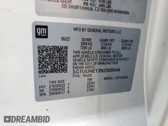 ✅ 2022 GMC Sierra 1500 Denali Ultimate • VIN: 1GTUUHET2NZ559544 • Лот: 80953534. Опубликован ранее на Copart с пробегом 8 606 миль. Бесплатный доступ к архиву аукционных продаж из США и подробный отчёт об истории автомобиля на DreamBid. Изображение 13.