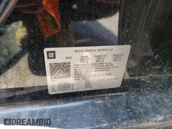 2018 Chevrolet Silverado 1500 Work Truck with VIN 1GCVKNEC3JZ337968, listed as a Copart auction lot 67885765 with 118,179 mi miles and Salvage title. Bid and sale history available at DreamBid. Image 12.