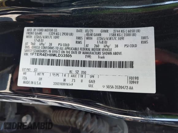 ✅ 2021 Ford Ranger XL • VIN: 1FTER4EH8MLD33505 • Lot: 41819265. Listed on IAAI with 59,663 mi. Free auction sales archive from the USA and detailed vehicle history report at DreamBid. Image 9.