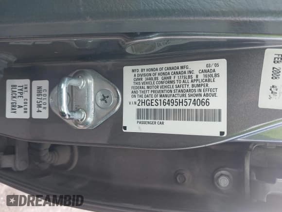 ✅ 2005 Honda Civic VP SSRS • VIN: 2HGES16495H574066 • Lot: 43850129. Listed on IAAI with 225,294 mi. Free auction sales archive from the USA and detailed vehicle history report at DreamBid. Image 9.