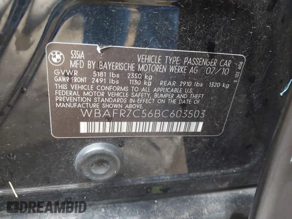 ✅ 2011 BMW 5 Series 535i • VIN: WBAFR7C56BC603503 • Lot: 43113445. Listed on IAAI with 115,453 mi. Free auction sales archive from the USA and detailed vehicle history report at DreamBid. Image 9.