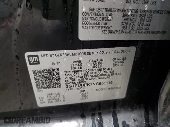 ✅ 2022 GMC Sierra 1500 SLE • VIN: 3GTPUBEK7NG651119 • Лот: 48701295. Опубликован ранее на Copart с пробегом Не указан. Бесплатный доступ к архиву аукционных продаж из США и подробный отчёт об истории автомобиля на DreamBid. Изображение 12.