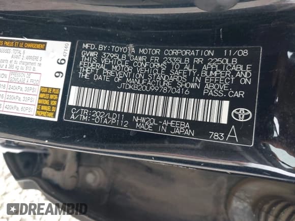 ✅ 2009 Toyota Prius • VIN: JTDKB20U997870416 • Lot: 42900029. Listed on IAAI with 296,295 mi. Free auction sales archive from the USA and detailed vehicle history report at DreamBid. Image 9.