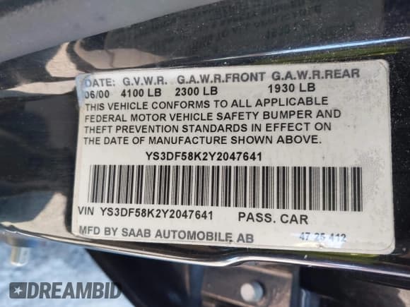 ✅ 2000 Saab 9-3 SE • VIN: YS3DF58K2Y2047641 • Lot: 43754921. Wystawiony na IAAI z przebiegiem 252 983 mil. Bezpłatny archiwum sprzedaży aukcyjnych z USA i szczegółowy raport historii pojazdu na DreamBid. Zdjęcie 9.