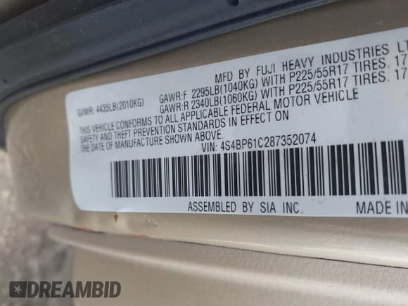 ✅ 2008 Subaru Outback i • VIN: 4S4BP61C287352074 • Лот: 42292432. Опубликован ранее на IAAI с пробегом 153 027 миль. Бесплатный доступ к архиву аукционных продаж из США и подробный отчёт об истории автомобиля на DreamBid. Изображение 9.