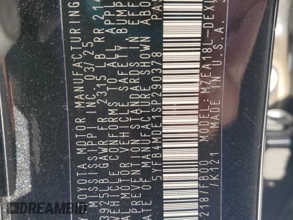 ✅ 2025 Toyota Corolla LE • VIN: 5YFB4MDE1SP290378 • Лот: 90037785. Опубликован ранее на Copart с пробегом 8 427 миль. Бесплатный доступ к архиву аукционных продаж из США и подробный отчёт об истории автомобиля на DreamBid. Изображение 13.