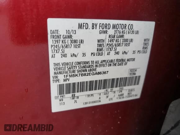 ✅ 2014 Ford Explorer • VIN: 1FM5K7B82EGA86367 • Lot: 56348005. Listed on Copart with 141,181 mi. Free auction sales archive from the USA and detailed vehicle history report at DreamBid. Image 13.