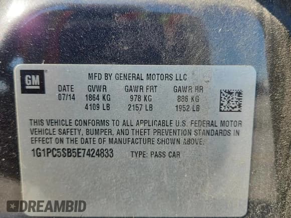 ✅ 2014 Chevrolet Cruze 1LT • VIN: 1G1PC5SB5E7424833 • Lot: 85906975. Listed on Copart with 128,300 mi. Free auction sales archive from the USA and detailed vehicle history report at DreamBid. Image 12.