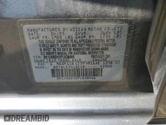 ✅ 2023 Nissan Versa S • VIN: 3N1CN8DV0PL838466 • Лот: 66436615. Опубликован ранее на Copart с пробегом 35 993 миль. Бесплатный доступ к архиву аукционных продаж из США и подробный отчёт об истории автомобиля на DreamBid. Изображение 12.