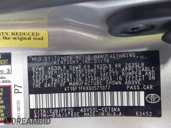 2016 Toyota Camry SE with VIN 4T1BF1FKXGU571077, listed as a IAAI auction lot 43491517 with 196,440 mi miles and . Bid and sale history available at DreamBid. Image 9.