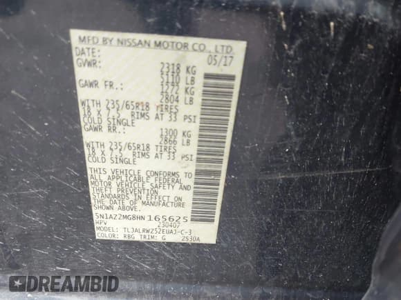 ✅ 2017 Nissan Murano Platinum • VIN: 5N1AZ2MG8HN165625 • Lot: 41416352. Wystawiony na IAAI z przebiegiem 122 393 mil. Bezpłatny archiwum sprzedaży aukcyjnych z USA i szczegółowy raport historii pojazdu na DreamBid. Zdjęcie 9.