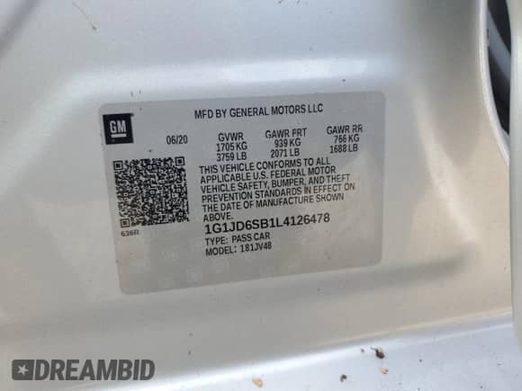 2020 Chevrolet Sonic LT с VIN 1G1JD6SB1L4126478, выставлен на аукционе Copart как лот 74332874 с пробегом 6 634 миль миль и На запчасти • Non repairable. История ставок и продаж доступна на DreamBid. Изображение 13.