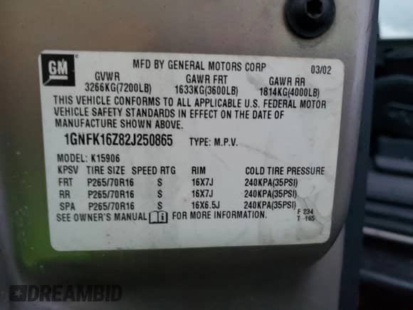 2002 Chevrolet Suburban LT с VIN 1GNFK16Z82J250865, выставлен на аукционе Copart как лот 83793514 с пробегом 267 167 миль миль и Чистый • Clean title. История ставок и продаж доступна на DreamBid. Изображение 13.