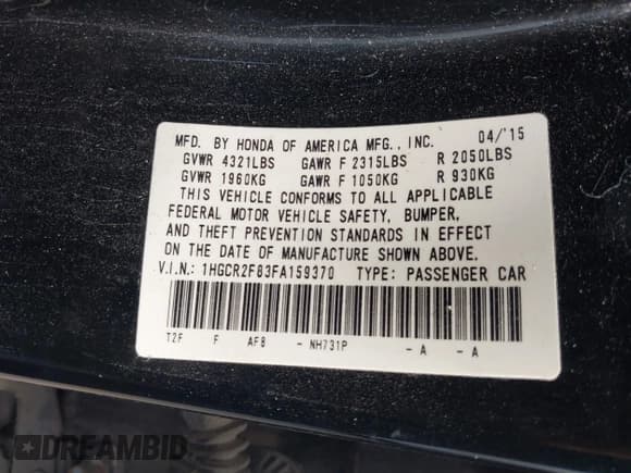 ✅ 2015 Honda Accord EX-L • VIN: 1HGCR2F83FA159370 • Lot: 39144513. Listed on IAAI with 153,349 mi. Free auction sales archive from the USA and detailed vehicle history report at DreamBid. Image 9.