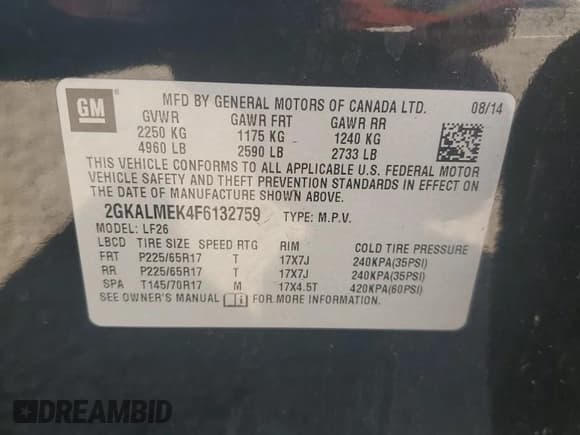 ✅ 2015 GMC Terrain SLE • VIN: 2GKALMEK4F6132759 • Лот: 81281085. Опубликован ранее на Copart с пробегом 142 939 миль. Бесплатный доступ к архиву аукционных продаж из США и подробный отчёт об истории автомобиля на DreamBid. Изображение 14.