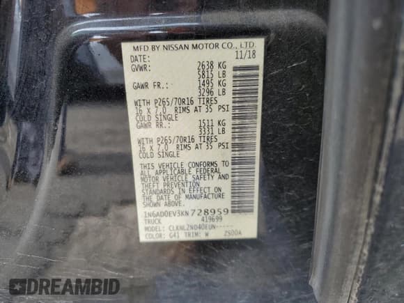 ✅ 2019 Nissan Frontier Pro-4X • VIN: 1N6AD0EV3KN728959 • Lot: 58935745. Listed on Copart with 91,157 mi. Free auction sales archive from the USA and detailed vehicle history report at DreamBid. Image 13.