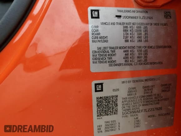 ✅ 2020 Chevrolet Silverado 1500 Work Truck • VIN: 1GCRWAEF7LZ217926 • Lot: 63510284. Wystawiony na Copart z przebiegiem 19 806 mil. Bezpłatny archiwum sprzedaży aukcyjnych z USA i szczegółowy raport historii pojazdu na DreamBid. Zdjęcie 13.