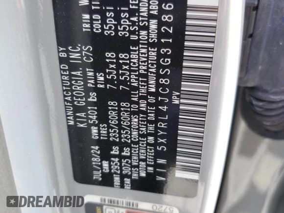 ✅ 2025 Kia Sorento S • VIN: 5XYRL4JC8SG312868 • Lot: 87129755. Listed on Copart with 13,505 mi. Free auction sales archive from the USA and detailed vehicle history report at DreamBid. Image 13.