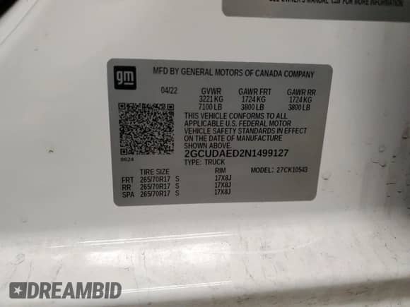 2022 Chevrolet Silverado 1500 Work Truck z VIN 2GCUDAED2N1499127, wystawiony jako Copart lot #88084515 z przebiegiem 27 833 mil mil oraz Szkoda całkowita • Salvage title. Historia ofert i sprzedaży dostępna na DreamBid. Obrazek 12.