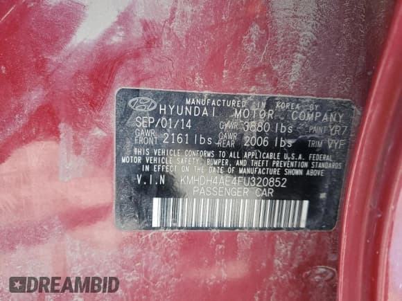 ✅ 2015 Hyundai Elantra SE • VIN: KMHDH4AE4FU320852 • Lot: 60910665. Listed on Copart with 167,060 mi. Free auction sales archive from the USA and detailed vehicle history report at DreamBid. Image 13.