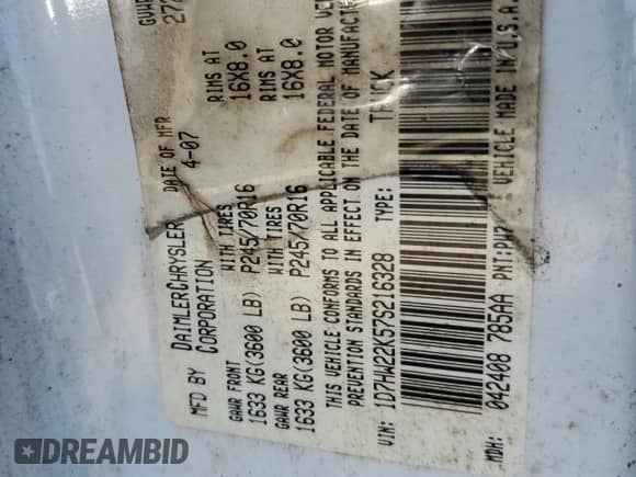 2007 Dodge Dakota ST z VIN 1D7HW22K57S216328, wystawiony jako Copart lot #47400585 z przebiegiem Nie podano mil oraz Szkoda całkowita • Salvage title. Historia ofert i sprzedaży dostępna na DreamBid. Obrazek 12.