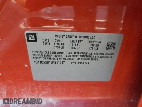 2013 Chevrolet Sonic LT с VIN 1G1JC5SB1D4211917, выставлен на аукционе Copart как лот 65613574 с пробегом 171 294 миль миль и Списание • Salvage title. История ставок и продаж доступна на DreamBid. Изображение 13.