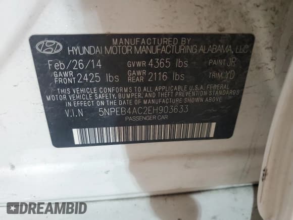 ✅ 2014 Hyundai Sonata GLS • VIN: 5NPEB4AC2EH903633 • Lot: 71265573. Listed on Copart with Not provided. Free auction sales archive from the USA and detailed vehicle history report at DreamBid. Image 12.