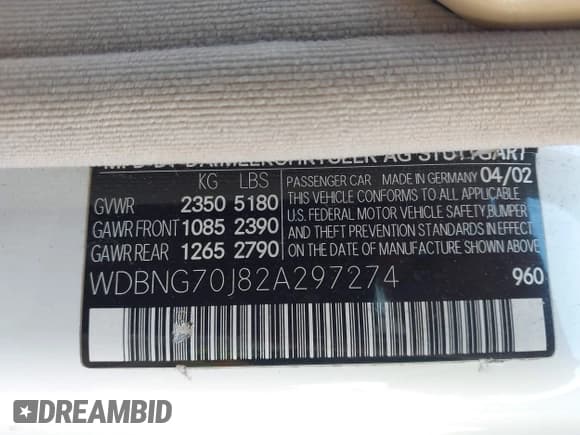 ✅ 2002 Mercedes-Benz S 430 • VIN: WDBNG70J82A297274 • Lot: 43805667. Listed on IAAI with 132,330 mi. Free auction sales archive from the USA and detailed vehicle history report at DreamBid. Image 9.