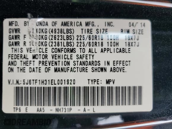 ✅ 2014 Honda Crosstour EX • VIN: 5J6TF1H31EL001920 • Lot: 81497825. Listed on Copart with 103,232 mi. Free auction sales archive from the USA and detailed vehicle history report at DreamBid. Image 12.