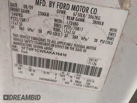 ✅ 2010 Ford F-150 XL • VIN: 1FTMF1CW5AKA16416 • Lot: 43744207. Listed on IAAI with 268,467 mi. Free auction sales archive from the USA and detailed vehicle history report at DreamBid. Image 9.