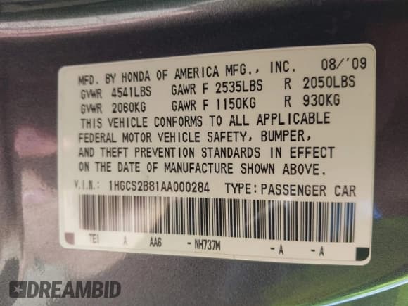 ✅ 2010 Honda Accord EX-L • VIN: 1HGCS2B81AA000284 • Lot: 42539374. Listed on IAAI with 211,009 mi. Free auction sales archive from the USA and detailed vehicle history report at DreamBid. Image 9.