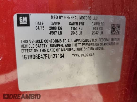 2015 Chevrolet Volt z VIN 1G1RD6E47FU137134, wystawiony jako Copart lot #59706684 z przebiegiem 98 532 mil mil oraz Szkoda całkowita • Salvage title. Historia ofert i sprzedaży dostępna na DreamBid. Obrazek 12.