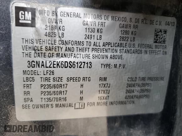 ✅ 2013 Chevrolet Captiva Sport LS • VIN: 3GNAL2EK6DS612713 • Lot: 56714075. Wystawiony na Copart z przebiegiem 125 987 mil. Bezpłatny archiwum sprzedaży aukcyjnych z USA i szczegółowy raport historii pojazdu na DreamBid. Zdjęcie 14.