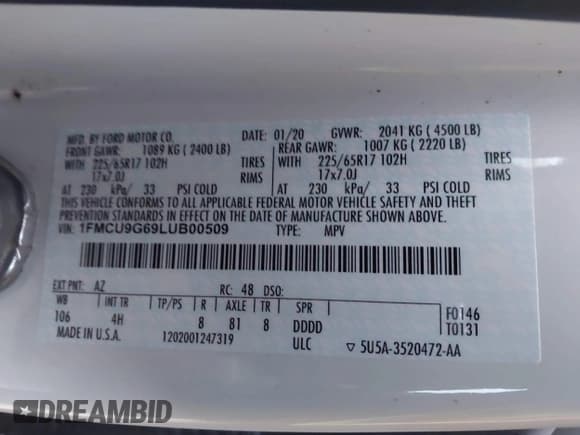 ✅ 2020 Ford Escape SE • VIN: 1FMCU9G69LUB00509 • Лот: 43628750. Опубликован ранее на IAAI с пробегом 69 955 миль. Бесплатный доступ к архиву аукционных продаж из США и подробный отчёт об истории автомобиля на DreamBid. Изображение 9.