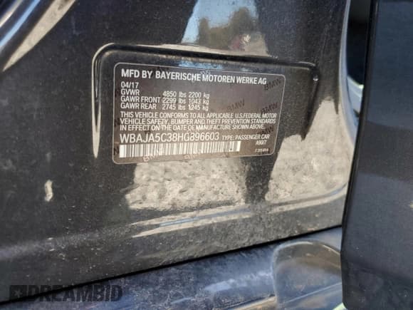 ✅ 2017 BMW 5 Series 530i • VIN: WBAJA5C38HG896603 • Lot: 91363615. Listed on Copart with 102,708 mi. Free auction sales archive from the USA and detailed vehicle history report at DreamBid. Image 12.