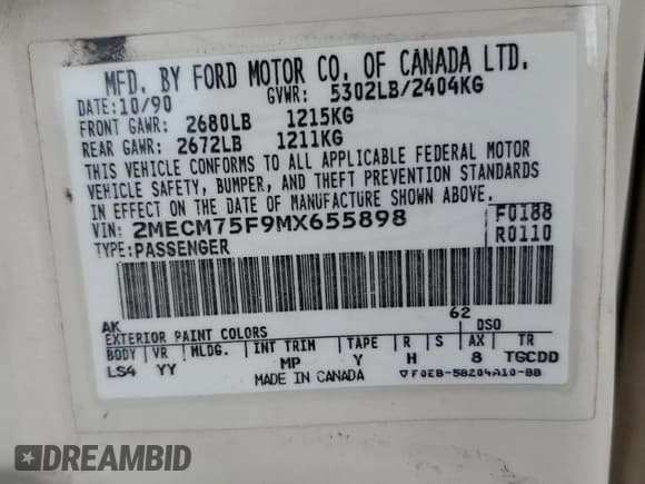 ✅ 1991 Mercury Grand Marquis • VIN: 2MECM75F9MX655898 • Lot: 58300935. Listed on Copart with 25,562 mi. Free auction sales archive from the USA and detailed vehicle history report at DreamBid. Image 12.