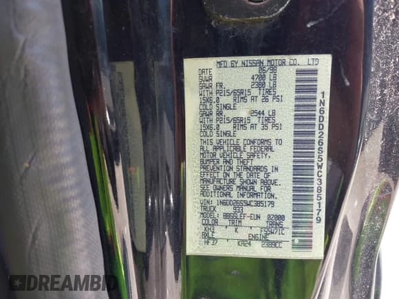 ✅ 1998 Nissan Frontier XE • VIN: 1N6DD26S5WC385179 • Лот: 42550793. Опубликован ранее на IAAI с пробегом 215 694 миль. Бесплатный доступ к архиву аукционных продаж из США и подробный отчёт об истории автомобиля на DreamBid. Изображение 9.