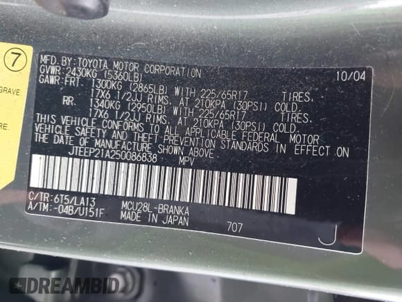 ✅ 2005 Toyota Highlander • VIN: JTEEP21A250086838 • Lot: 43201641. Wystawiony na IAAI z przebiegiem 119 899 mil. Bezpłatny archiwum sprzedaży aukcyjnych z USA i szczegółowy raport historii pojazdu na DreamBid. Zdjęcie 9.