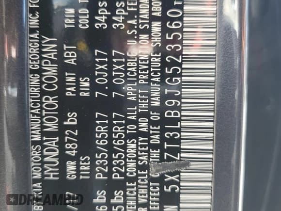 ✅ 2018 Hyundai Santa Fe 2.4L • VIN: 5XYZT3LB9JG523560 • Lot: 81779345. Listed on Copart with 106,399 mi. Free auction sales archive from the USA and detailed vehicle history report at DreamBid. Image 12.