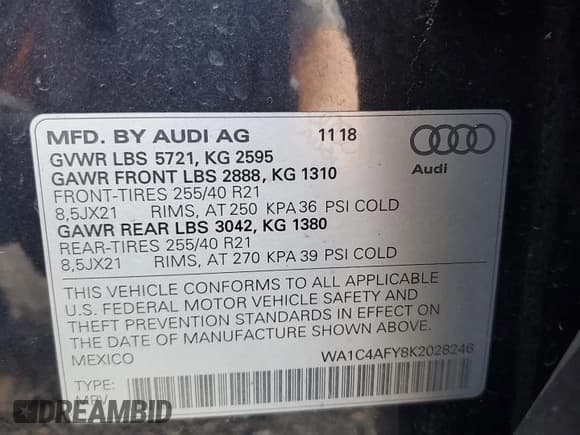 ✅ 2019 Audi SQ5 Prestige • VIN: WA1C4AFY8K2028246 • Lot: 68028115. Listed on Copart with 60,806 mi. Free auction sales archive from the USA and detailed vehicle history report at DreamBid. Image 14.