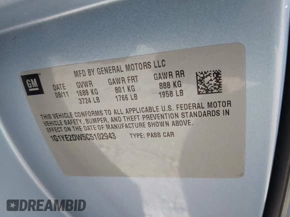 ✅ 2012 Chevrolet Corvette 1LT • VIN: 1G1YE2DW5C5102943 • Lot: 42629221. Listed on IAAI with 66,979 mi. Free auction sales archive from the USA and detailed vehicle history report at DreamBid. Image 9.