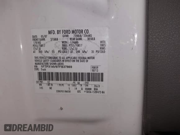 ✅ 2007 Ford F-150 XLT • VIN: 1FTPX14V97FB37869 • Lot: 42535458. Listed on IAAI with 221,723 mi. Free auction sales archive from the USA and detailed vehicle history report at DreamBid. Image 9.