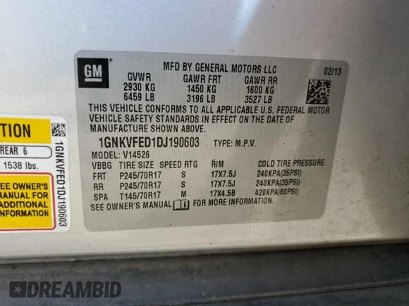 ✅ 2013 Chevrolet Traverse LS • VIN: 1GNKVFED1DJ190603 • Lot: 71573225. Listed on Copart with 134,813 mi. Free auction sales archive from the USA and detailed vehicle history report at DreamBid. Image 13.