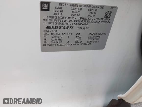 ✅ 2012 Chevrolet Equinox LS • VIN: 2GNALBEK6C6155205 • Lot: 43643788. Listed on IAAI with 128,610 mi. Free auction sales archive from the USA and detailed vehicle history report at DreamBid. Image 9.