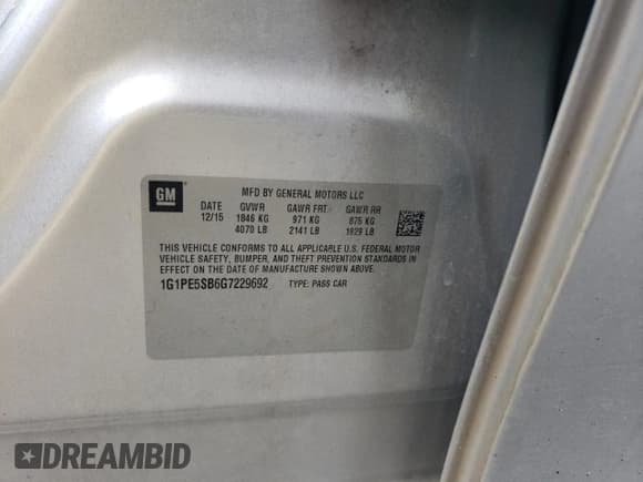 ✅ 2016 Chevrolet Cruze LT • VIN: 1G1PE5SB6G7229692 • Lot: 58562093. Listed on Copart with Not provided. Free auction sales archive from the USA and detailed vehicle history report at DreamBid. Image 12.