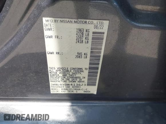 ✅ 2022 Nissan Altima SL • VIN: 1N4BL4EV1NN413623 • Lot: 42959440. Wystawiony na IAAI z przebiegiem 73 691 mil. Bezpłatny archiwum sprzedaży aukcyjnych z USA i szczegółowy raport historii pojazdu na DreamBid. Zdjęcie 9.